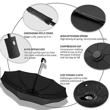 SIEPASA Windproof Travel Compact Umbrella, 8-Ribs Anti-UV Waterproof Folding Umbrella with Telfon Coating-One Button for Auto Open and Close. (Black)