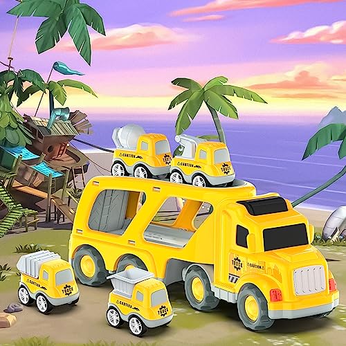 Toddler Car Toys for 3 4 5 Years Old Construction Transport Truck with 4 Pack Small Pull Back Construction Vehicles Friction Power Cars Christmas Birthday Gifts for Kids Boys Girls