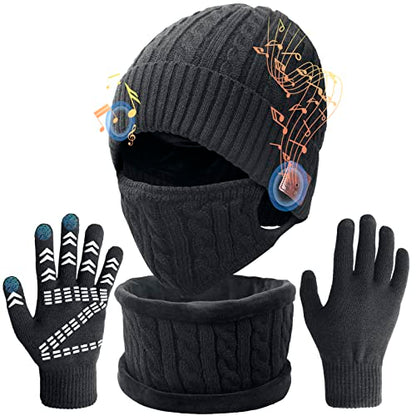 Music Beanie Hat Set - Women/Men's Winter Hat w/Headphones, Scarf, Touchscreen Gloves, Knit Mask, Unique Christmas Birthday Gifts Tech Gifts for Teens Men Women Gamer Worker