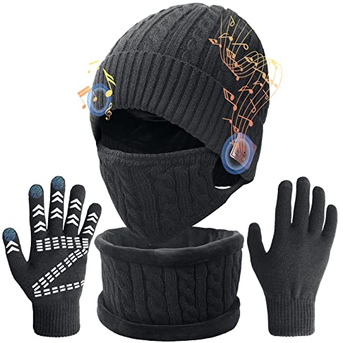 Music Beanie Hat Set - Women/Men's Winter Hat w/Headphones, Scarf, Touchscreen Gloves, Knit Mask, Unique Christmas Birthday Gifts Tech Gifts for Teens Men Women Gamer Worker