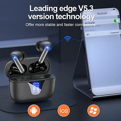 ZIUTY Wireless Earbuds, Bluetooth 5.3 Headphones 50H Playtime with LED Digital Display Charging Case, IPX5 Waterproof Earphones with Mic for Android iOS Cell Phone Computer Laptop Sports (Black)