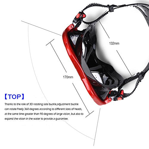Snorkel Diving Mask Panoramic HD Swim Mask, Anti-Fog Scuba Diving Goggles,Tempered Glass Dive Mask Adult Youth Swim Goggles with Nose Cover for Diving, Snorkeling, Swimming (A-Black Red)