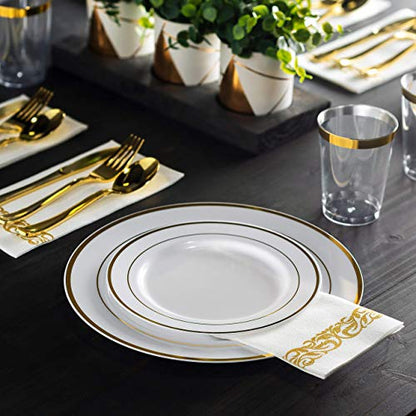 350 Piece Gold Dinnerware Set - 50 Guest Gold Rim Plastic Plates - 50 Gold Plastic Silverware - 50 Gold Rim Plastic Cups - 50 Linen Like Gold Paper Napkins, Disposable