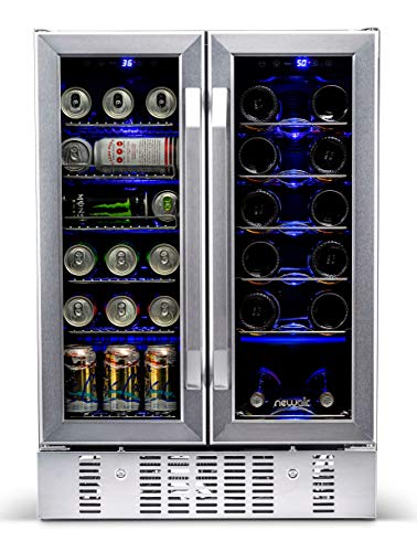 NewAir French Door Wine & Beverage Cooler | 18 Bottle 60 Can | White & Red Wine Countertop Fridge | Stainless Steel Dual Zone Beer and Wine Fridge With Digital Temperature Controls and Key Lock