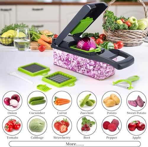 Vegetable Chopper Onion Chopper Dicer 15 in 1 Professional Mandoline Slicer for Kitchen, Multifunctional Food Chopper Cutter for Cucumber, Potato, Tomato, Veggie with 11 blades and Filter Basket