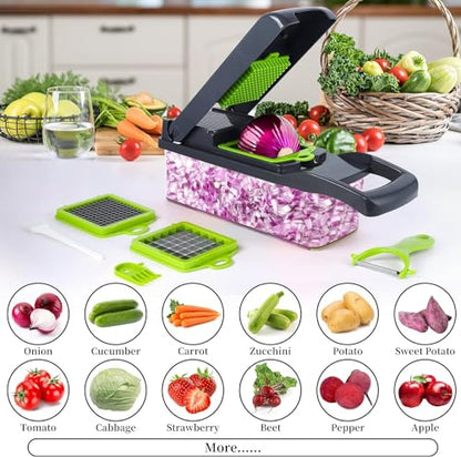 Vegetable Chopper Onion Chopper Dicer 15 in 1 Professional Mandoline Slicer for Kitchen, Multifunctional Food Chopper Cutter for Cucumber, Potato, Tomato, Veggie with 11 blades and Filter Basket