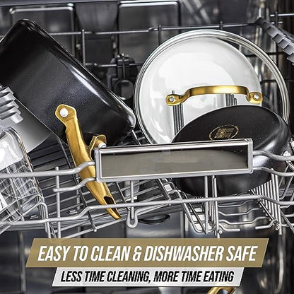 Blue Diamond Gold 10 Piece Cookware Set,Ceramic Nonstick, PFOA Free, Induction Suitable, Dishwasher Safe, Gold Handle, Black