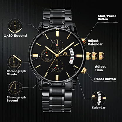 MEGALITH Mens Watches 45mm Chronograph Quartz Men's Wrist Watches Stainless Steel Black Waterproof Business Dress Watches for Men Luminous Date, Gifts for Men