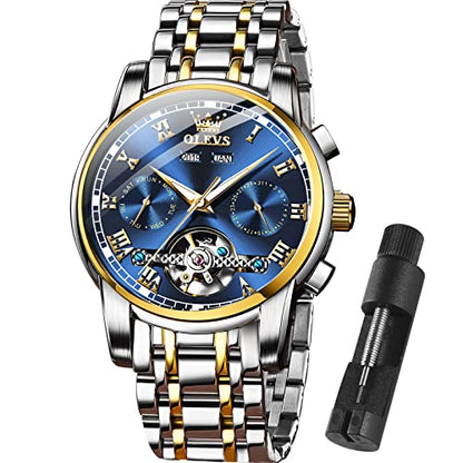 Mens Watches OLEVS Watch Men Automatic Watches for Men Tourbillon Self Winding Skeleton Watch for Men,Men's Wrist Watches Luxury Dress Waterproof Mens Watch Blue Dial Mechanical Watch Day Date,reloj para hombre