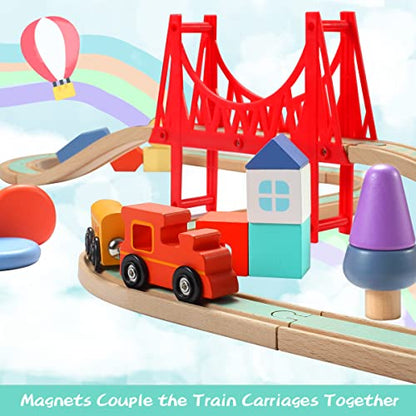 Giant bean Sky City Wooden Train Set for Boys Girls 1 2 3 4, 42 PCS Train Track Set, Railway with Stacking Rings & Rocks Train Accessories, Fits Brio, Melissa & Doug, Thomas and Friends