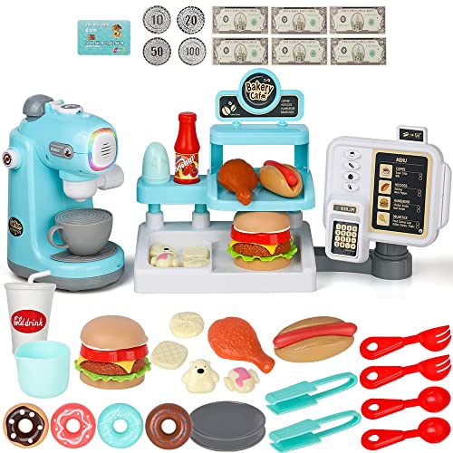 YWTC Junior Kids Maker Coffee Play Set and Donuts, for Girls and Boys Toddlers Real Mini Barista Shop With Cash Register for Kids