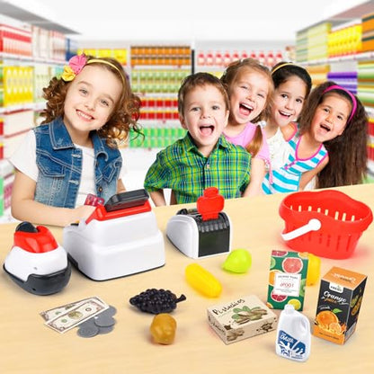 Victostar Toy Cash Register for Kids with Checkout Scanner,Fruit Card Reader, Credit Card Machine, Play Money and Food Shopping Play Set