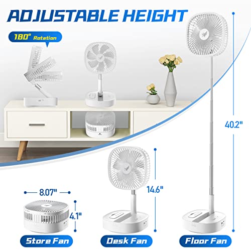 Nenkoo Battery Operated Fan, 8" Portable Oscillating Travel Fan 12500mAh with 4 Speed Timing Remote Control, White Desk Fan, Table Fan Adjustable Height 14.6"-40.2", Retractable Fan Travel Cruise