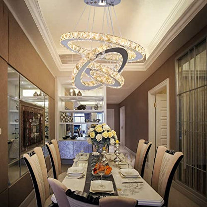 Modern LED Crystal Chandeliers 3 Ring Round Pendant Lighting Fixtures DIY Stainless Steel Ceiling Lamp Hanging Lights for Living Room Dining Room Bedroom Kitchen (Changeable Light)