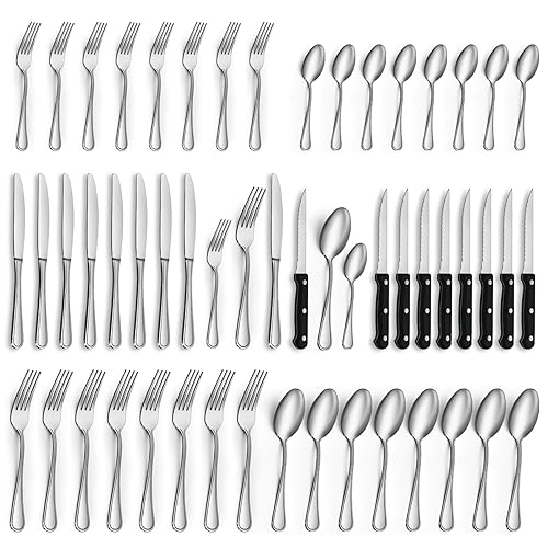 48 PCS Silverware Set Includes 8 Steak Knives Service for 8, Gifcomda Premium Stainless Steel Flatware Set, Mirror Polished Cutlery Set, Spoons and Forks Set, Dishwasher Safe and Stylish Design