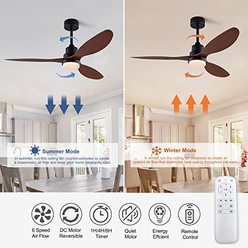 OMYU 52” Ceiling Fans with Light and Remote, 3 ABS Blades and Downrod, 6 Speed DC Motor, Indoor Outdoor Ceiling Fan for Patio, Bedroom, Living Room, Office, Kitchen