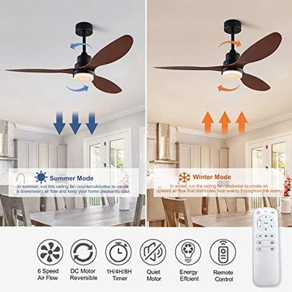 OMYU 52” Ceiling Fans with Light and Remote, 3 ABS Blades and Downrod, 6 Speed DC Motor, Indoor Outdoor Ceiling Fan for Patio, Bedroom, Living Room, Office, Kitchen