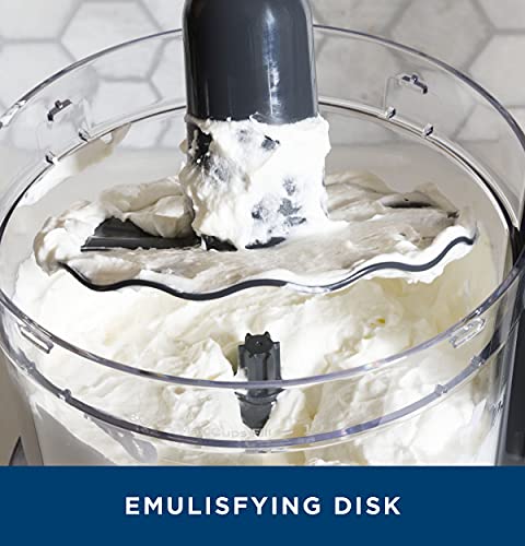 GE Food Processor |12 Cup | Complete with 3 Feeding Tubes & Stainless Steel Accessories-3 Discs + Dough Blade | 3 Speed | for Shredded Cheese, Chicken & More | Kitchen Essentials | 550 Watts