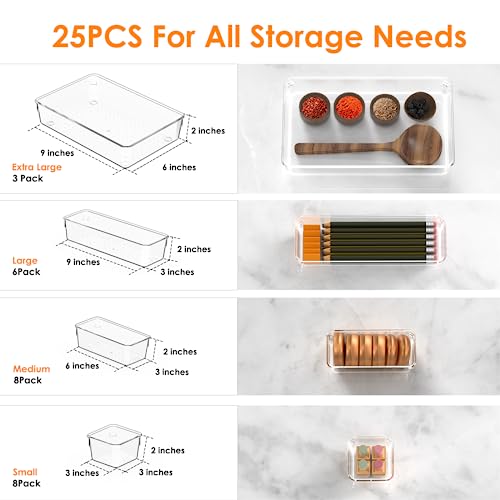 25PCS Extra Sturdy Clear Plastic Drawer Organizer Trays with 100pcs Non-Slip Pads, 4 Sizes Desk Drawer Divider Organizers and Storage Bins for Makeup, Bathroom, Office, Kitchen, Bedroom, Jewelry