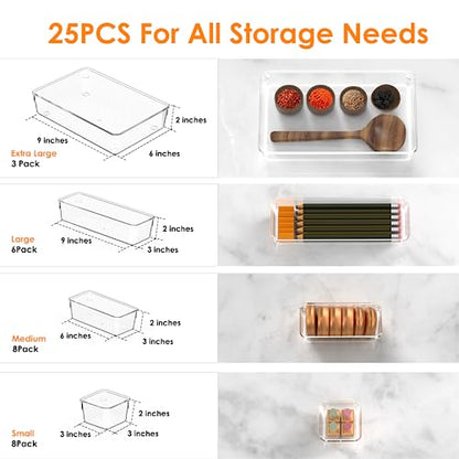 25PCS Extra Sturdy Clear Plastic Drawer Organizer Trays with 100pcs Non-Slip Pads, 4 Sizes Desk Drawer Divider Organizers and Storage Bins for Makeup, Bathroom, Office, Kitchen, Bedroom, Jewelry