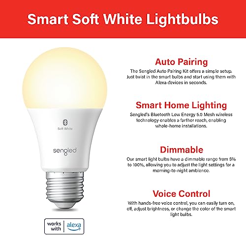 Sengled Alexa Light Bulb, S1 Auto Pairing with Alexa Devices, Warm Light Bulbs, Smart Light (Alexa), Bluetooth Mesh Smart Home Lighting, E26 60W Equivalent, 800LM, Soft White (2700k), (Pack of 4)