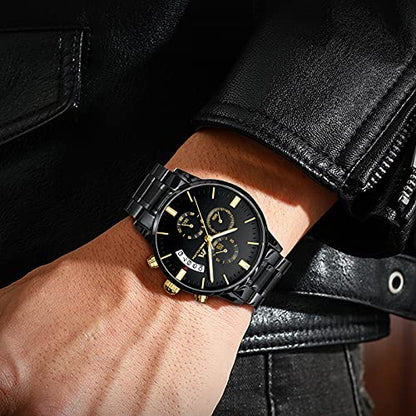 MEGALITH Mens Watches 45mm Chronograph Quartz Men's Wrist Watches Stainless Steel Black Waterproof Business Dress Watches for Men Luminous Date, Gifts for Men