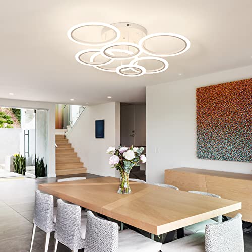 YEEZONE LED Ceiling Light, Modern Chandelier 7 Rings White Ceiling Light Fixture 34" 120W 10000LM Remote Control Dimmable 3000K-6500K for Living Room, Dining Room, Kitchen, Bedroom, Office