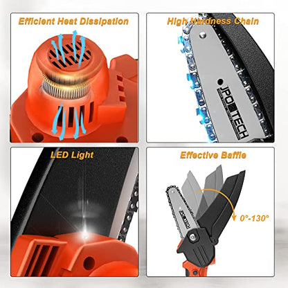 JPOWTECH Mini Chainsaw, Upgraded 4 Inch Cordless Small Chain Saw with 3Pcs Chains & 2Pcs 21V Rechargeable Batteries Portable One Hand Electric Chainsaw for Branch Pruning Tree Trimming Wood Cutting