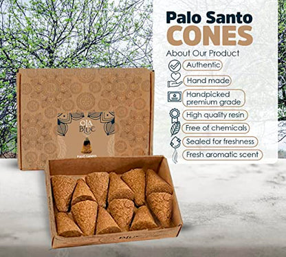 Ola Blue Palo Santo Incense Cones (12 Pack) - Premium Authentic from Peru - Handmade & Hand-Rolled Natural Wood - Cleansing Bad Energy for Cleanse & Relieve Stress (Bursera Graveolens Wood)