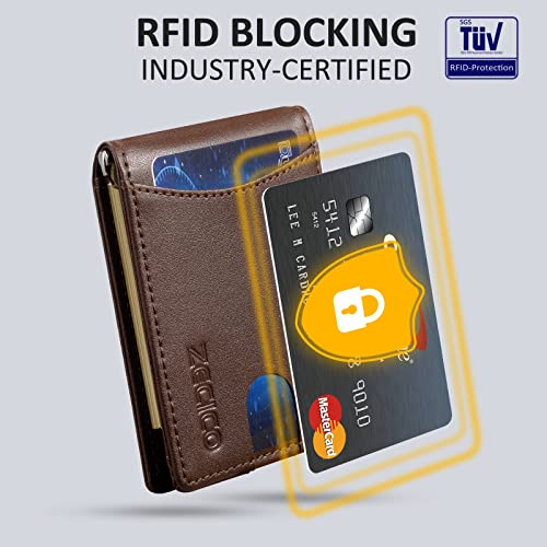 ZECICO Wallet Bifold leather Minimalist Slim: Mens Wallet with Bill Pocket RFID Blocking Bifold Front Pocket Wallet for Men with ID Window Gift Box (X-Clip Brown)