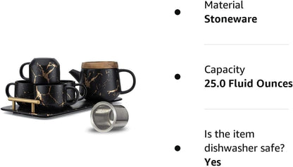 Black Tea Set, 25oz Tea Pot Sets with Infuser, 4 Tea Cups and Porcelain Tray, Luxury Tea Sets for Women with Modern Marble Design, Tea Gift Set for Tea Lovers, Woman and Men