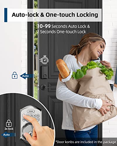 TEEHO TE001L Keyless Entry Door Lock with 2 Handles - Electronic Keypad Deadbolt with Door Lever, Front Door Handle Sets, Auto Lock, Easy Installation, Satin Nickel