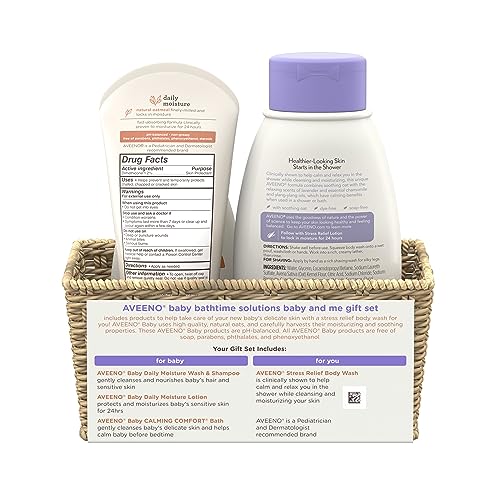 Aveeno Baby Bathtime Solutions Baby & Me Gift Set with Baby Wash & Shampoo, Calming Baby Bath & Wash, Baby Daily Moisturizing Lotion & Stress Relief Body Wash for Mom, Soap-Free, 4 items