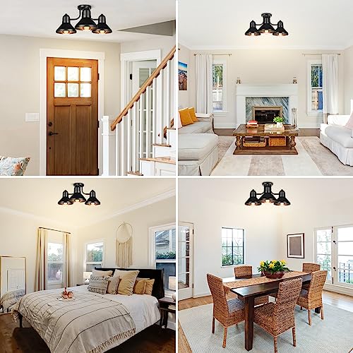 Farmhouse Semi Flush Mount Ceiling Light Fixture, Matte Black Metal Kitchen Light Fixture, 3-Light Industrial Ceiling Lamp, E26 Rustic Chandelier for Living Room Bedroom Dining Room Entryway Hallway