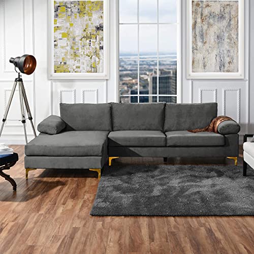 Casa Andrea Milano Modern Sectional Sofa L Shaped Velvet Couch, with Extra Wide Chaise Lounge and Gold Legs, Dark Grey