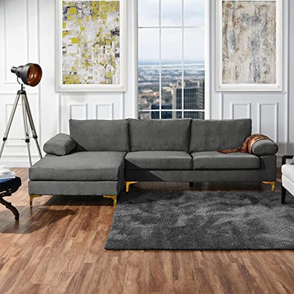 Casa Andrea Milano Modern Sectional Sofa L Shaped Velvet Couch, with Extra Wide Chaise Lounge and Gold Legs, Dark Grey