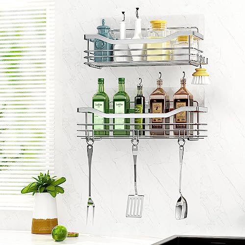 Orimade Shower Caddy Basket Shelf with 5 Hooks Adhesive Organizer Storage Rack Rustproof Wall Mounted Stainless Steel No Drilling for Bathroom, Toilet, Kitchen - 2 Pack