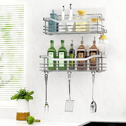 Orimade Shower Caddy Basket Shelf with 5 Hooks Adhesive Organizer Storage Rack Rustproof Wall Mounted Stainless Steel No Drilling for Bathroom, Toilet, Kitchen - 2 Pack