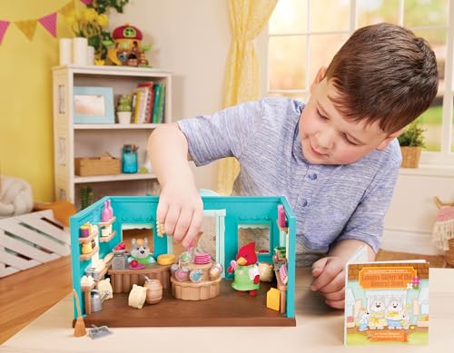 Lil Woodzeez - Toy Figures Playset – General Store Playhouse – Stackable – Mini Furniture & Play Food – Storybook & posable figures Included – 3 Years +