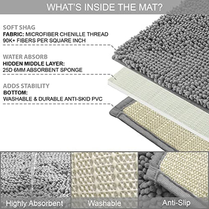Bathroom Rugs Sets 3 Piece, Includes U-Shaped Contour Toilet Mat, 20 x 30'' and 16 24'' Bath Non-Slip Shaggy Gray Mats Sets, Machine Washable, Light Grey