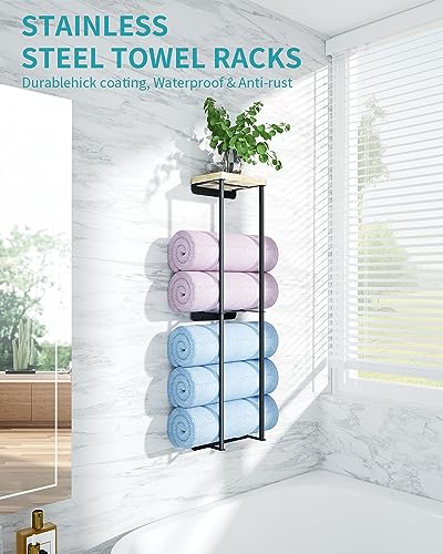 Towel Racks for Bathroom, 2 Tier Wall Towel Holder with Wood Shelf, Metal Wall Towel Rack Mounted Towel Storage for Small Bathroom