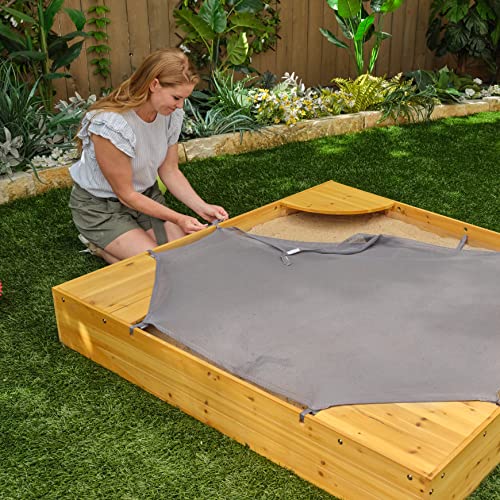 KidKraft Wooden Backyard Sandbox with Built-in Corner Seating and Mesh Cover, Kid's Outdoor Furniture, Honey, Gift for Ages 2-8