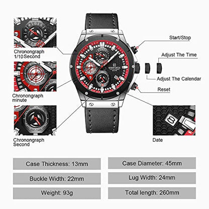 NAVIFORCE Fashion Genuine Leather Chronograph Quartz Watch for Men Auto Date Sport Waterproof Analog Wrist Watches