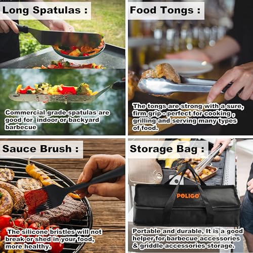 POLIGO 25PCS Flat Top Griddle Accessories Kit - Essential Kit for Indoor and Outdoor Teppanyaki with Griddle Spatula, Chopper, Tongs, Cleaning Brush, Storage Bag - Ideal Griddle Set Gift for Men