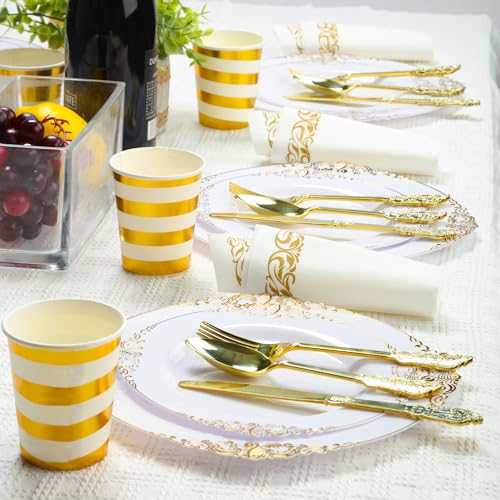 KINEATHER 175PCS gold and white Disposable Plastic Plates Set for 25 Guests, 25 Dinner Plates, 25Dessert Plates, 25 Forks, 25 Knives, 25 Spoons, 25 Napkins, 25 Paper Cups, for Wedding & Party