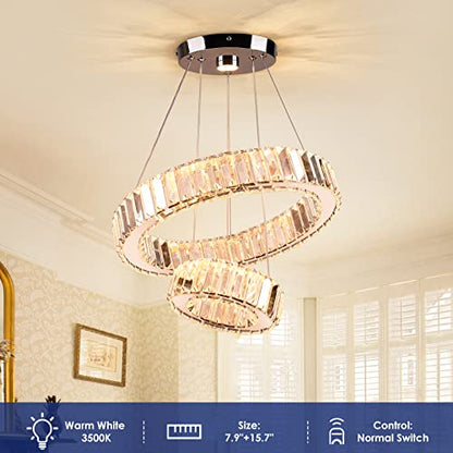 YPQXYHDA Modern LED Chandelier 2 Ring Chandelier Round LED Ceiling Light Crystal Chandelier for Dining Room Bedroom, Dia 7.9"+15.7"
