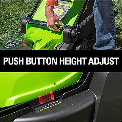 Greenworks 48V 17" Brushless Cordless Lawn Mower + 24V Brushless Drill / Driver, (2) 4.0Ah USB Batteries (USB Hub) and Dual Port Rapid Charger Included (2 x 24V)