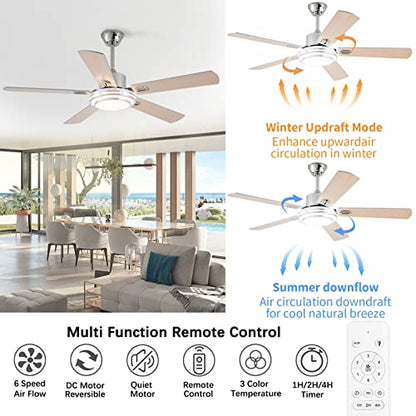 UOJ 52” Ceiling Fans with Lights and Remote Control,Modern Indoor Outdoor Ceiling Fan with 5 Double-sided Wood Blade for Patio,Farmhouse,LivingRoom,Bedroom,Office(silver)