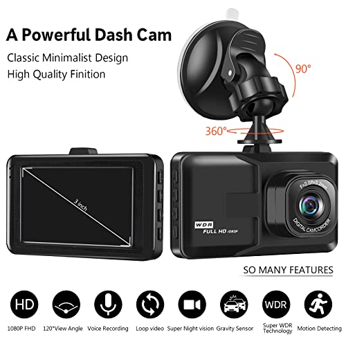Dash Cam, Dash Camera for Car,3 Inch LCD Screen, 1080P Full HD Car Dashboard Recorder, 120° Wide Angle Dashcam, Gravity Sensor, WDR, Loop Recording, Motion Detection