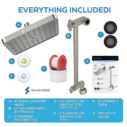 SparkPod Square Rain Shower Head with Shower Head Extension Arm - High Pressure Rain - Luxury Modern Look - No Hassle Tool-less 1-Min Installation (11" Shower Arm Extension, Elegant Brushed Nickel)